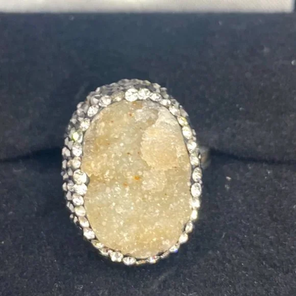 Natural Quartz Druzy Sparkling Cluster Ring 925 Silver Size 7.5 - Picture 6 of 11